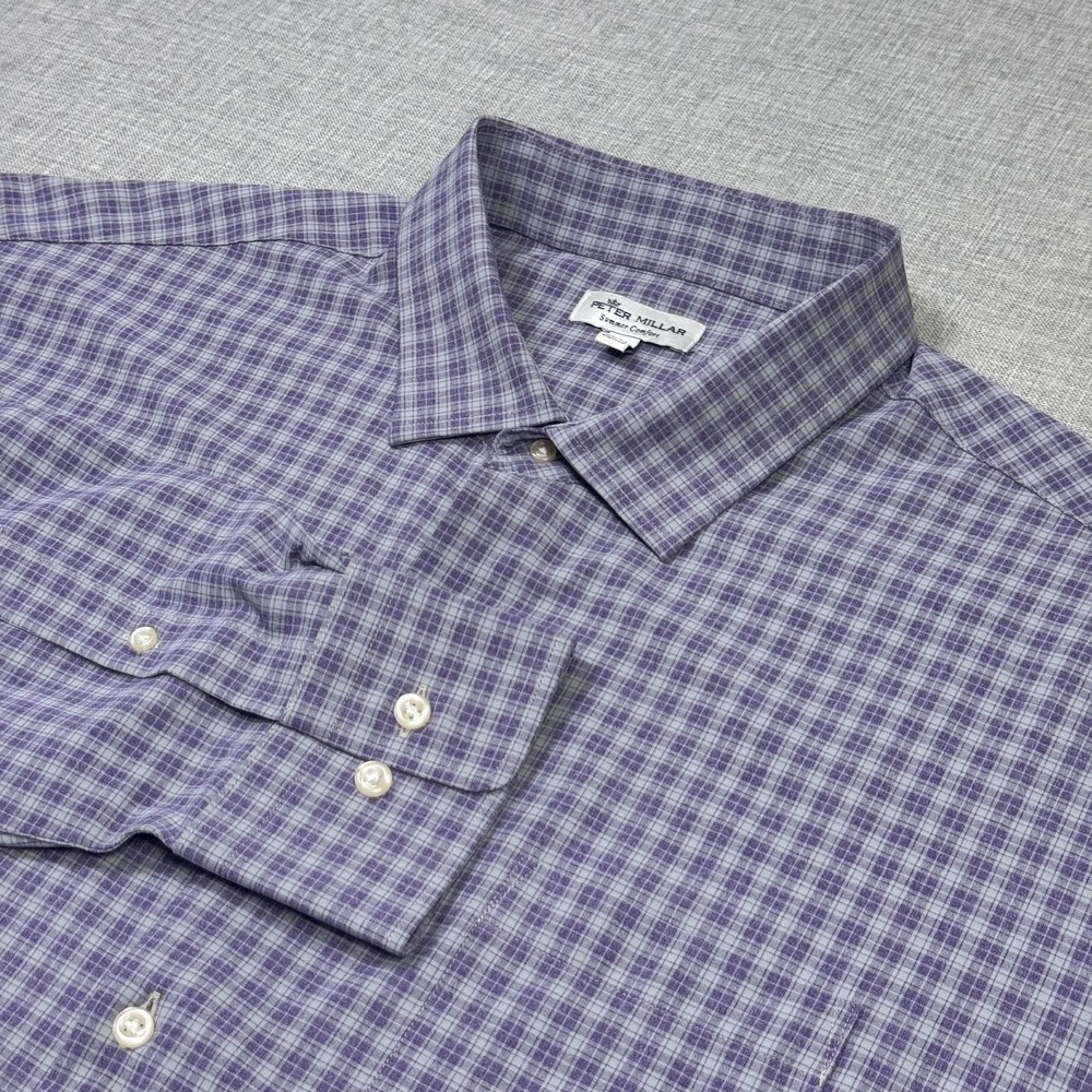 Peter Millar Sumer Comfort Dress Shirt Mens 2XL Purple Gray Plaid Point Collar
